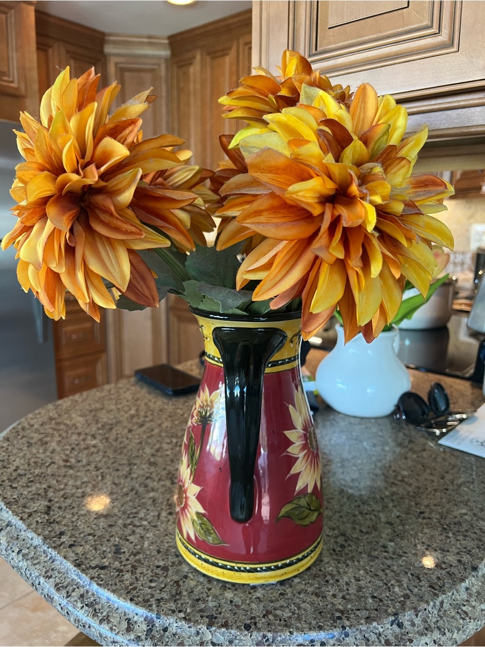 Pier 1 Red and Yellow Hand-Painted Ceramic Pitcher Vase with flowers - Picture 2 of 5